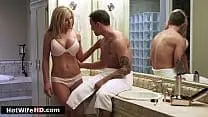 Busty petite milf is allowed by her husband to get fucked by his best friend.The big tits blonde cougar rides his big cock and deepthroats it