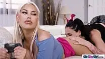 Stepdaughter walks in on her big tits stepmom being rimmed by tattooed busty bff and wants some.The besties kiss ifo the milf and she licks stepmommy
