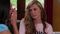 Petite stepdaughter found stepmoms porn movie and asks to take her virginity to keep quiet.The big tits milf gives oral and the babe fingers her pussy