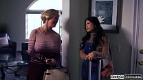 Mature milf finds out asian guest is a lesbian and spanks her.The big tits milf gets horny and gives oral sex.They trib and the babe fingers her pussy