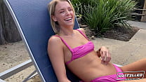Curvy brunette seduces toned hunk for a steamy poolside-to-bedroom threesome.